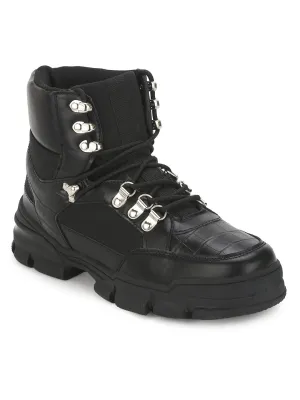 Black PU Cleated Bottom Eyelets Lace-Up Men Boots