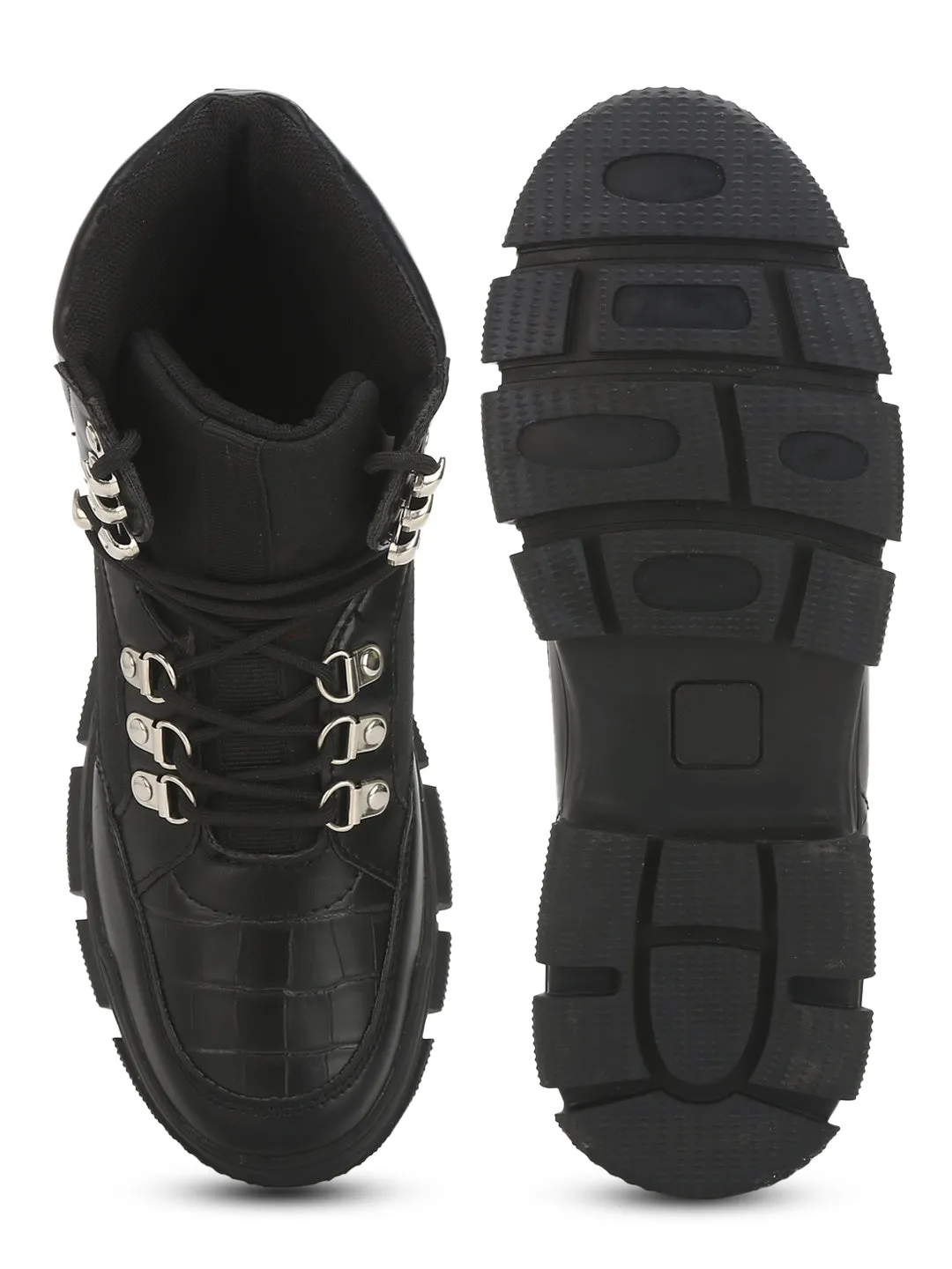 Black PU Cleated Bottom Eyelets Lace-Up Men Boots