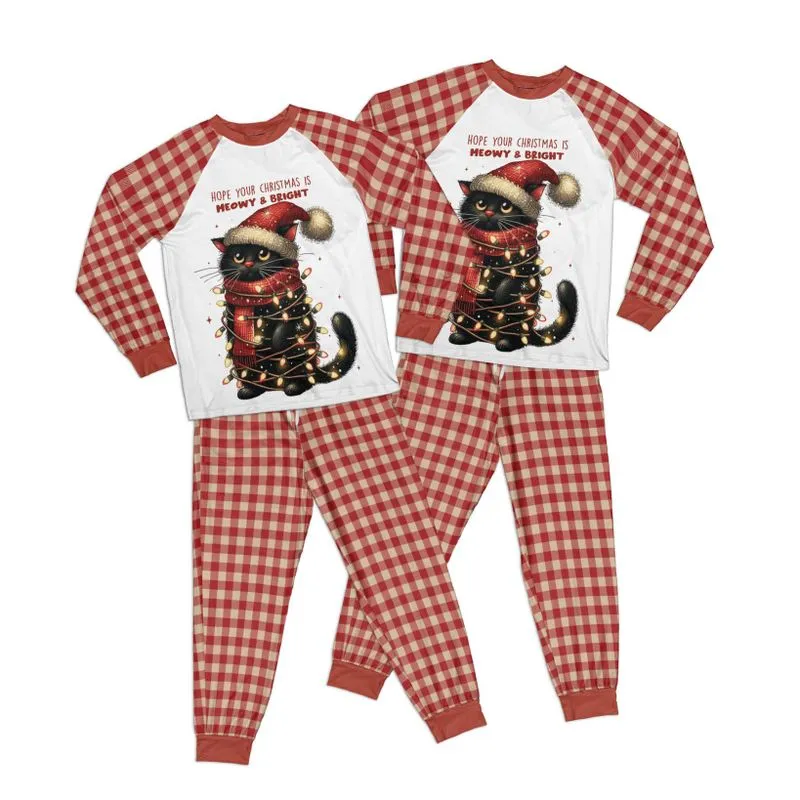 Christmas Cat Meowy and Bright Adult Pajamas Set Matching