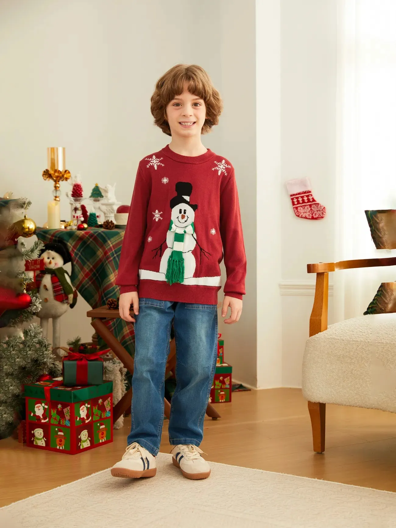 Family Matching Christmas Snowman Sweater Set With 3D Scarf Design