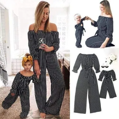 Fashion Striped Family Matching Clothes for Mother and Daughter