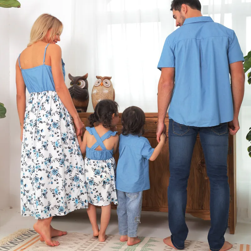 Matching Family Outfits Cotton Denim Sleeveless Dresses for Mommy and Me Denim Shirts for Dad