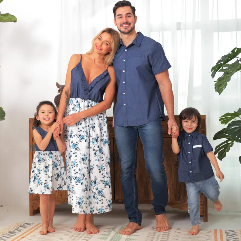 Matching Family Outfits Cotton Denim Sleeveless Dresses for Mommy and Me Denim Shirts for Dad