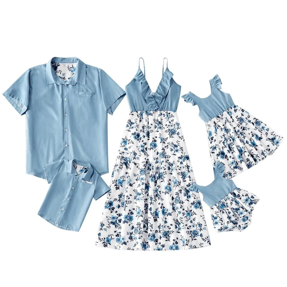 Matching Family Outfits Cotton Denim Sleeveless Dresses for Mommy and Me Denim Shirts for Dad