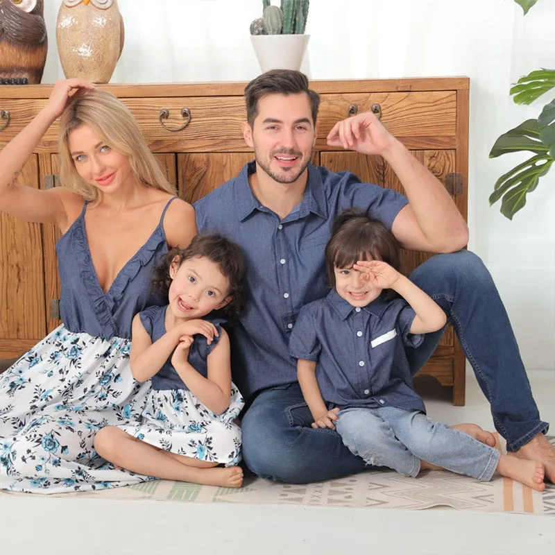 Matching Family Outfits Cotton Denim Sleeveless Dresses for Mommy and Me Denim Shirts for Dad