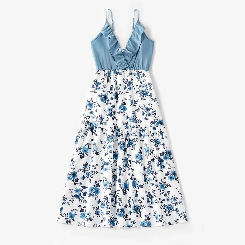 Matching Family Outfits Cotton Denim Sleeveless Dresses for Mommy and Me Denim Shirts for Dad