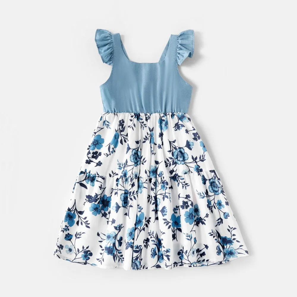 Matching Family Outfits Cotton Denim Sleeveless Dresses for Mommy and Me Denim Shirts for Dad