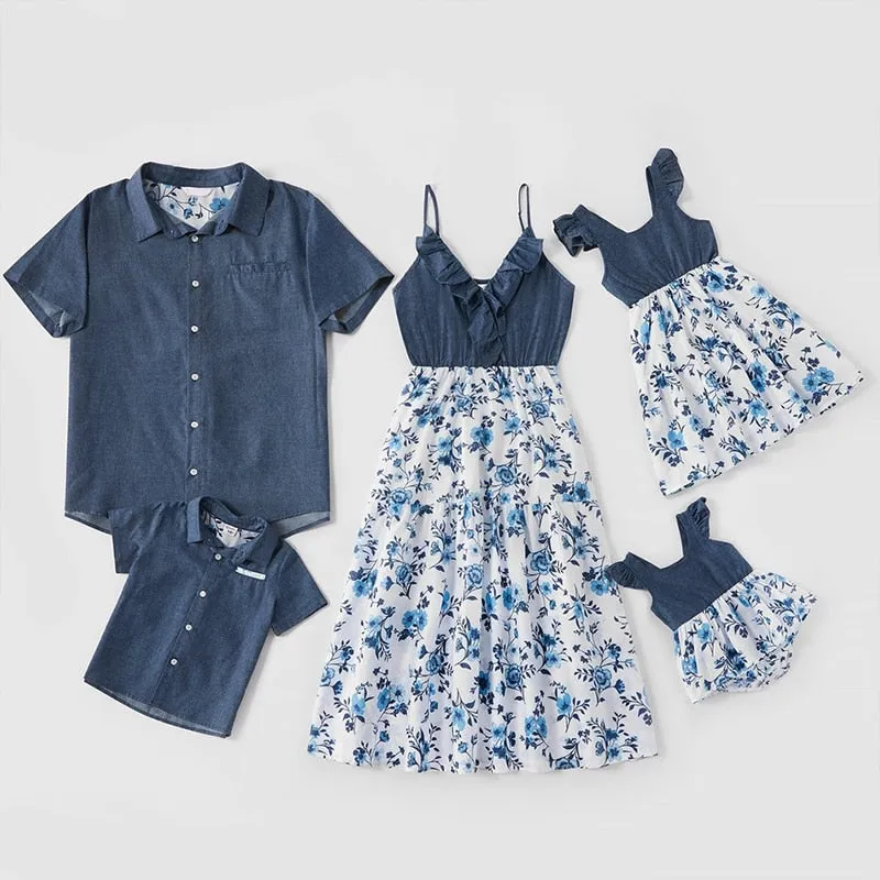 Matching Family Outfits Cotton Denim Sleeveless Dresses for Mommy and Me Denim Shirts for Dad