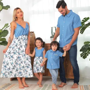 Matching Family Outfits Cotton Denim Sleeveless Dresses for Mommy and Me Denim Shirts for Dad