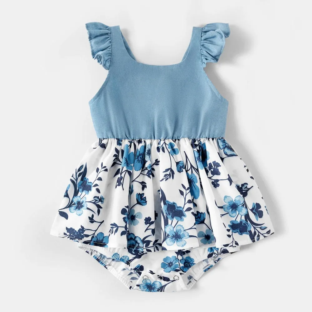 Matching Family Outfits Cotton Denim Sleeveless Dresses for Mommy and Me Denim Shirts for Dad