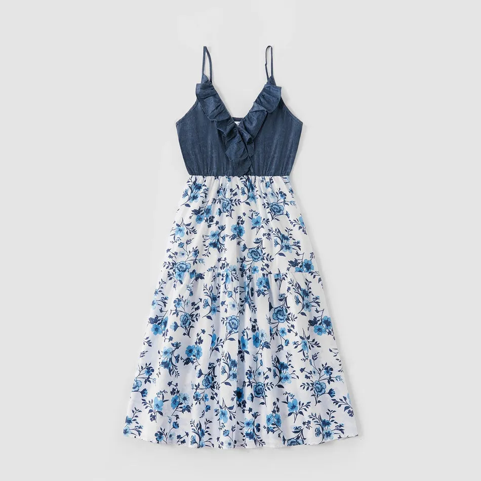 Matching Family Outfits Cotton Denim Sleeveless Dresses for Mommy and Me Denim Shirts for Dad