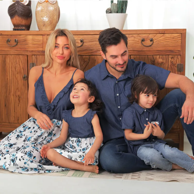 Matching Family Outfits Cotton Denim Sleeveless Dresses for Mommy and Me Denim Shirts for Dad