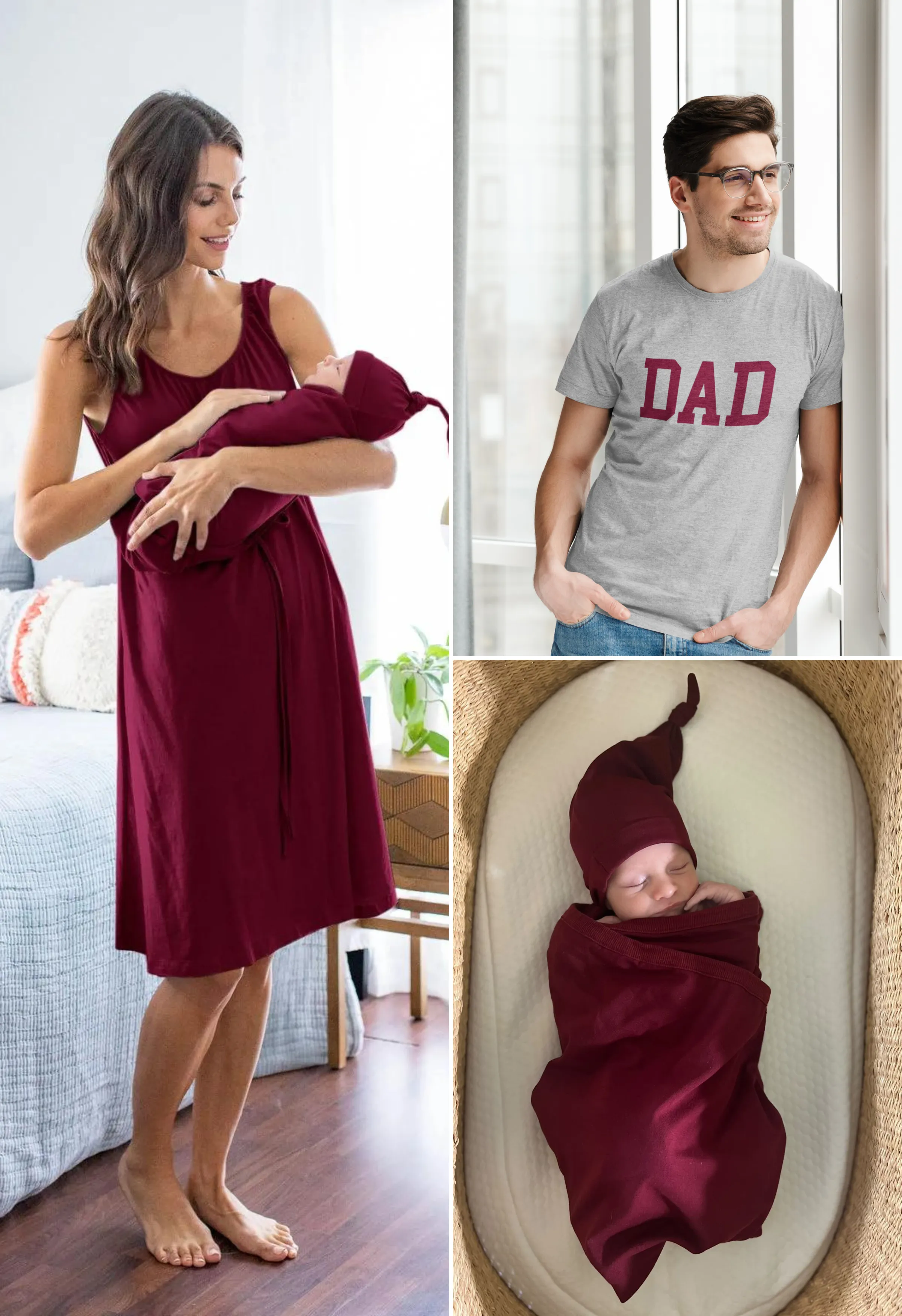 Merlot Labor Gown & Swaddle Set & Dad T Shirt