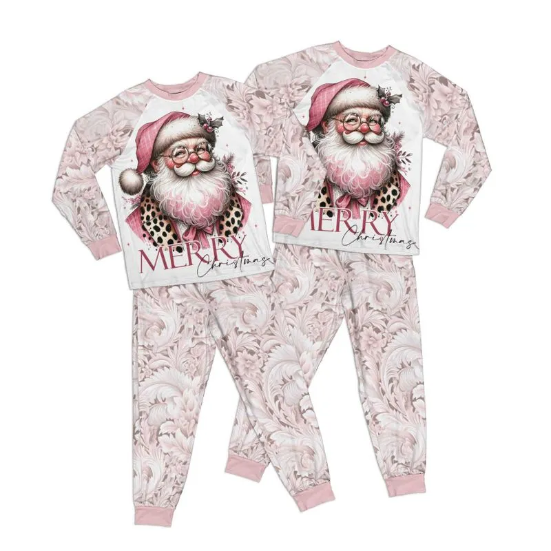 Pink Christmas Damask Santa Kid Pajamas Set Matching