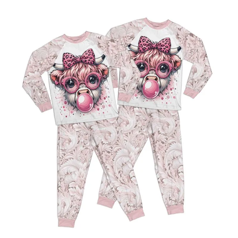 Pink Damask Highland Cow Kid Pajamas Set Matching