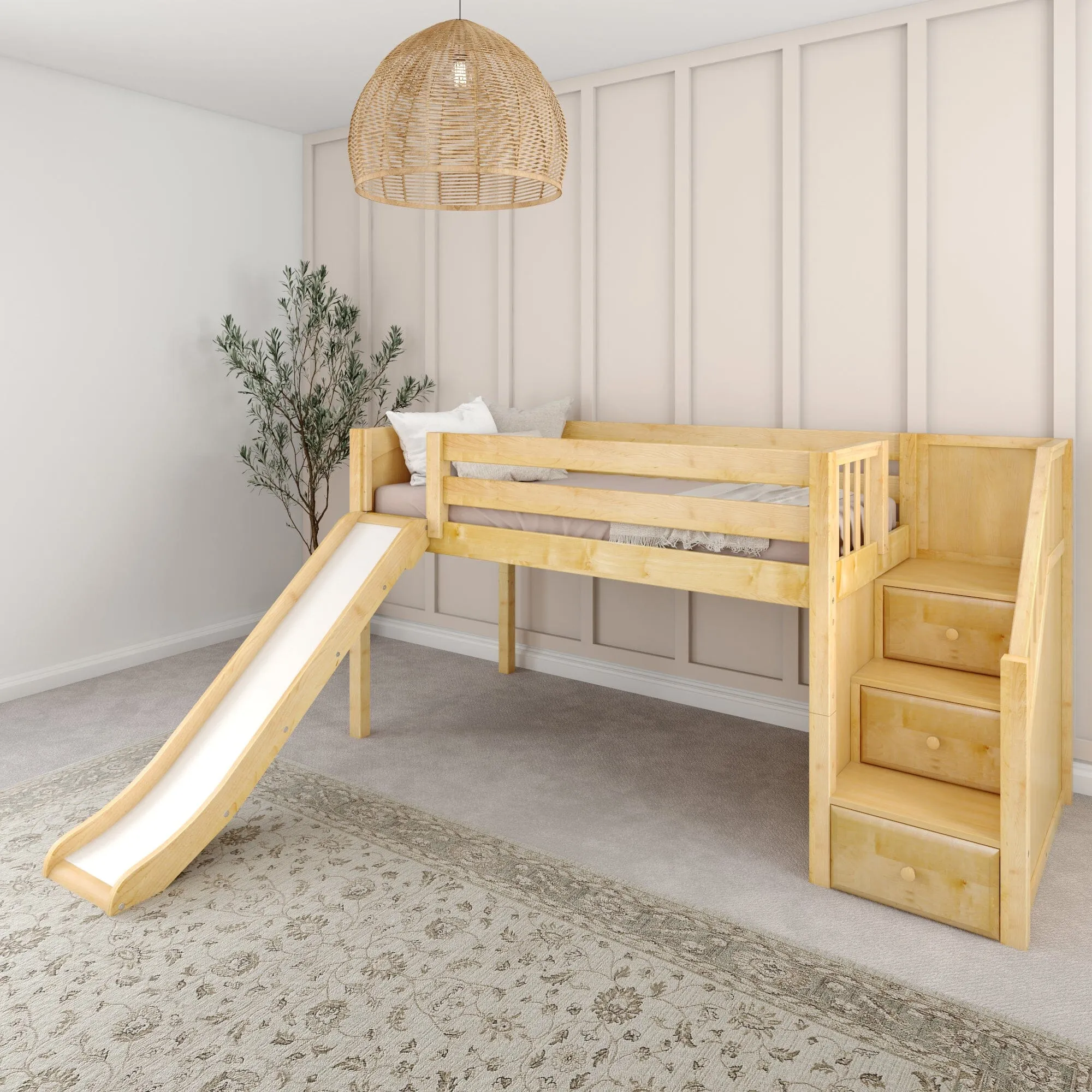 Twin Low Loft Bed with Stairs and Slide