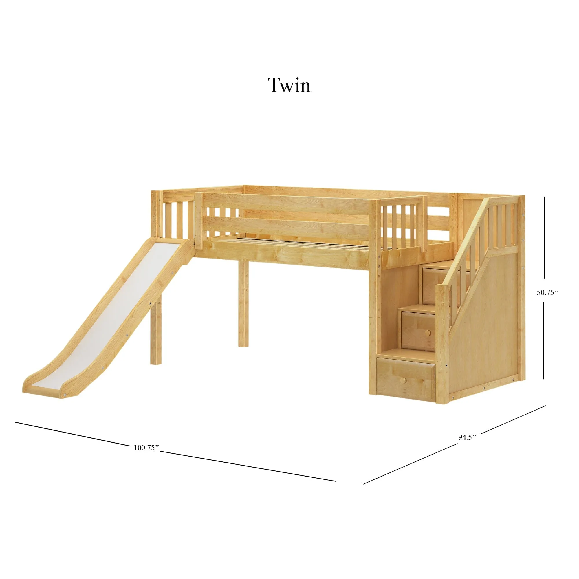 Twin Low Loft Bed with Stairs and Slide