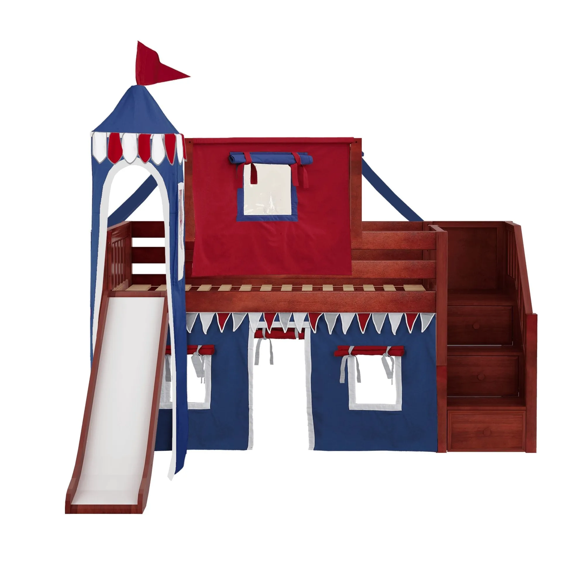 Twin Low Loft Bed with Stairs, Slide, Top Tent, Underbed Curtain and Slide Tower