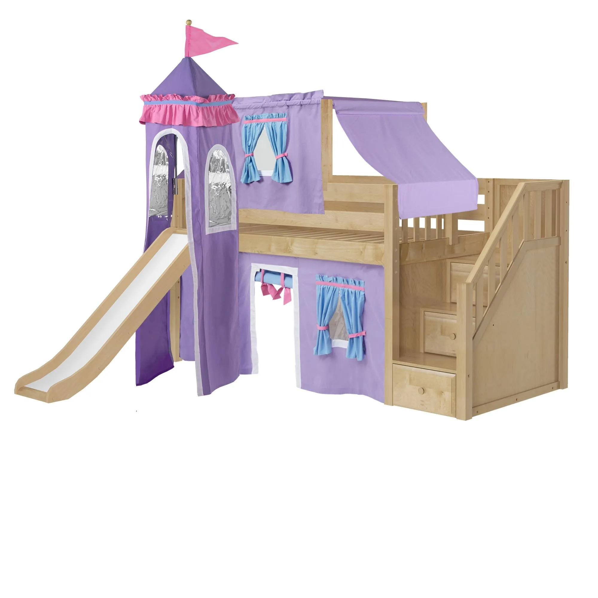 Twin Low Loft Bed with Stairs, Slide, Top Tent, Underbed Curtain and Slide Tower