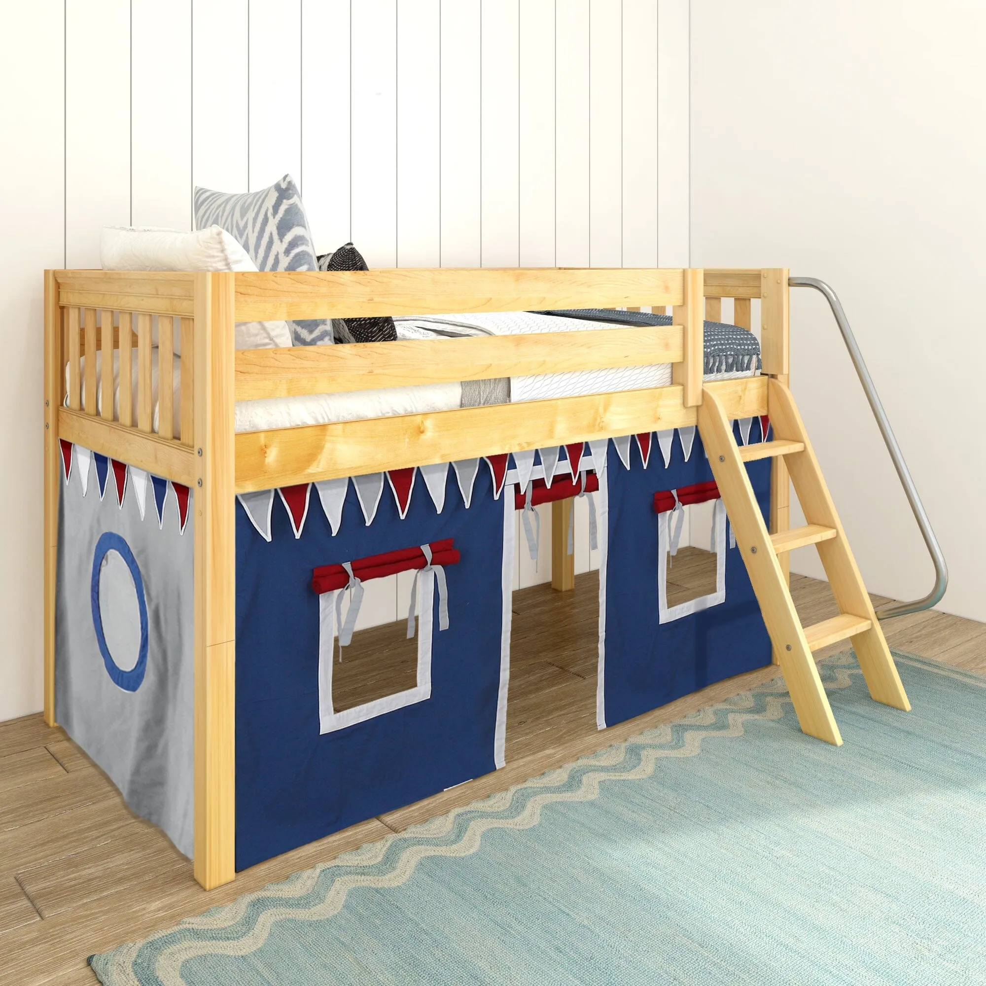 Twin Low Loft Bed with Underbed Curtain and Ladder