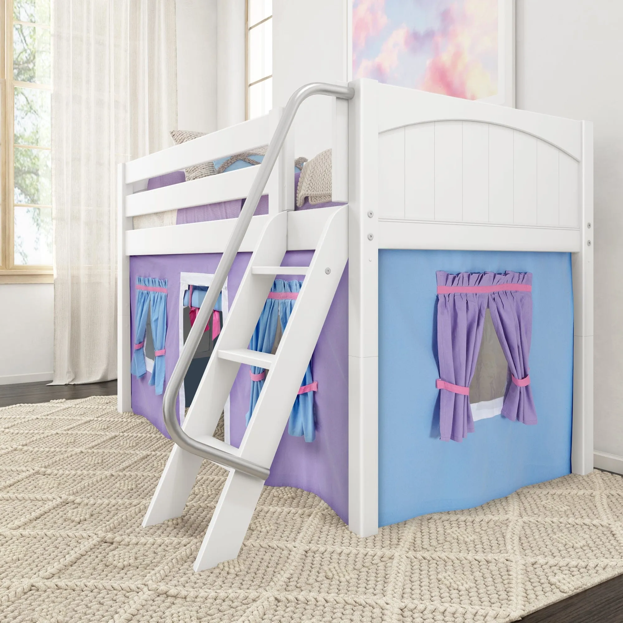 Twin Low Loft Bed with Underbed Curtain and Ladder