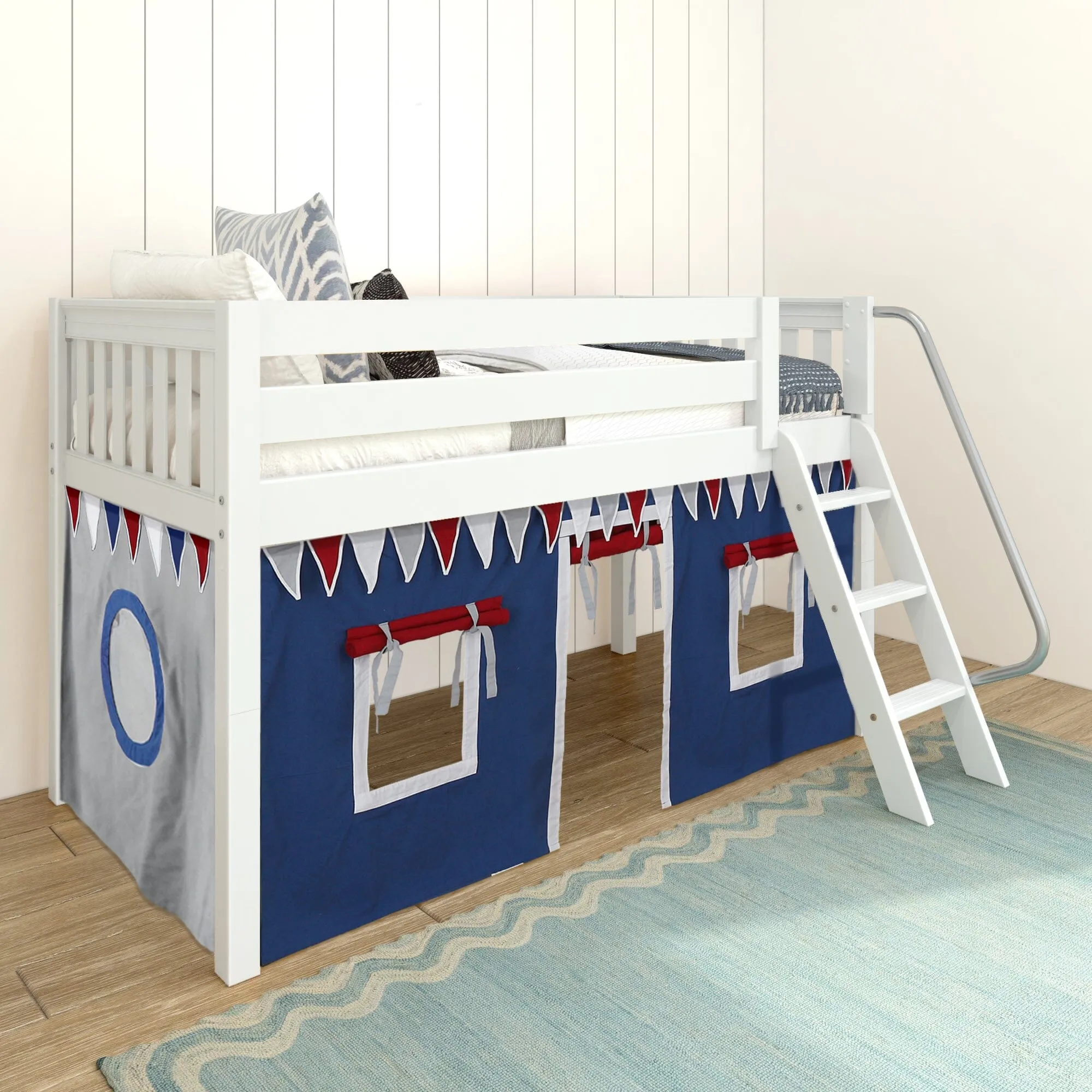 Twin Low Loft Bed with Underbed Curtain and Ladder