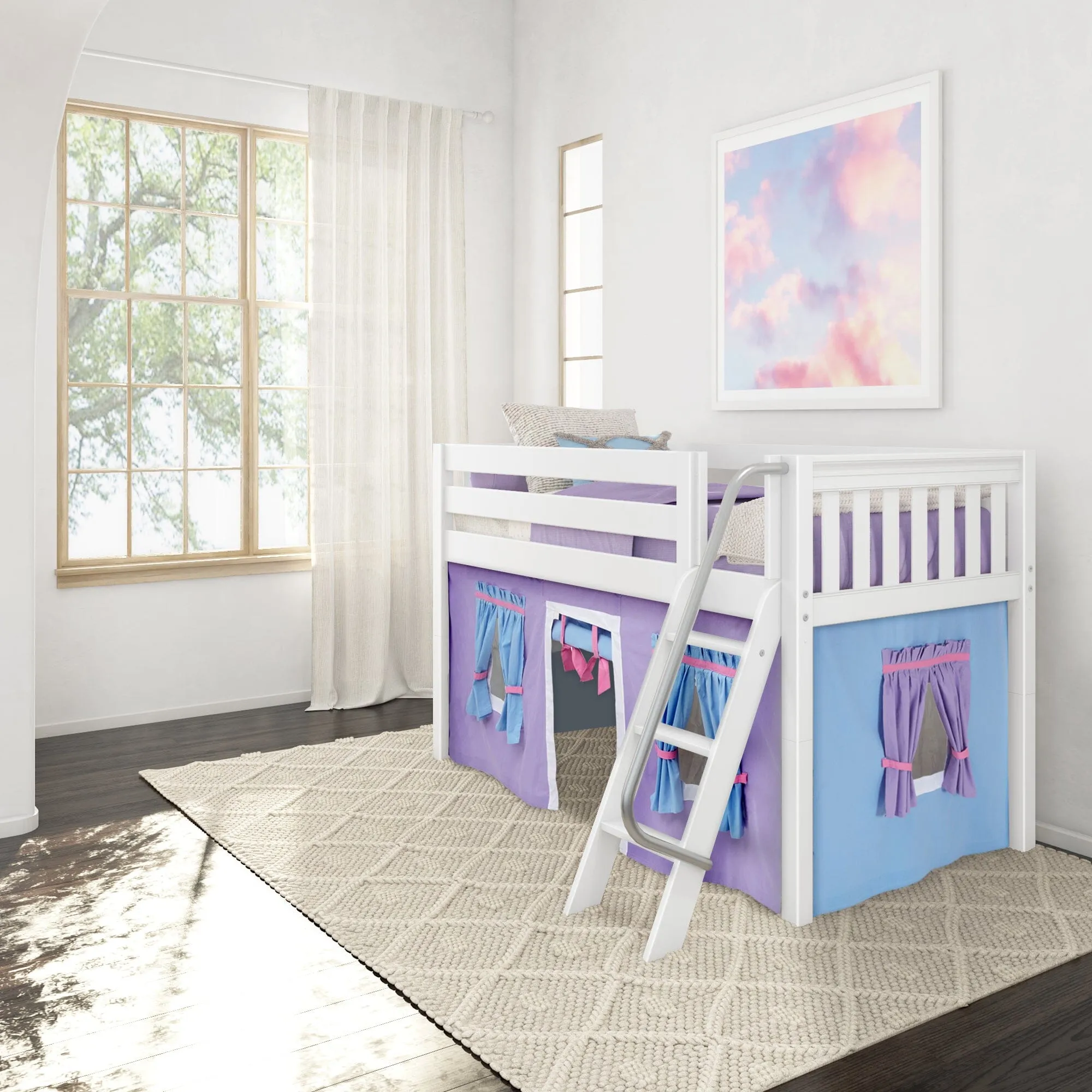 Twin Low Loft Bed with Underbed Curtain and Ladder