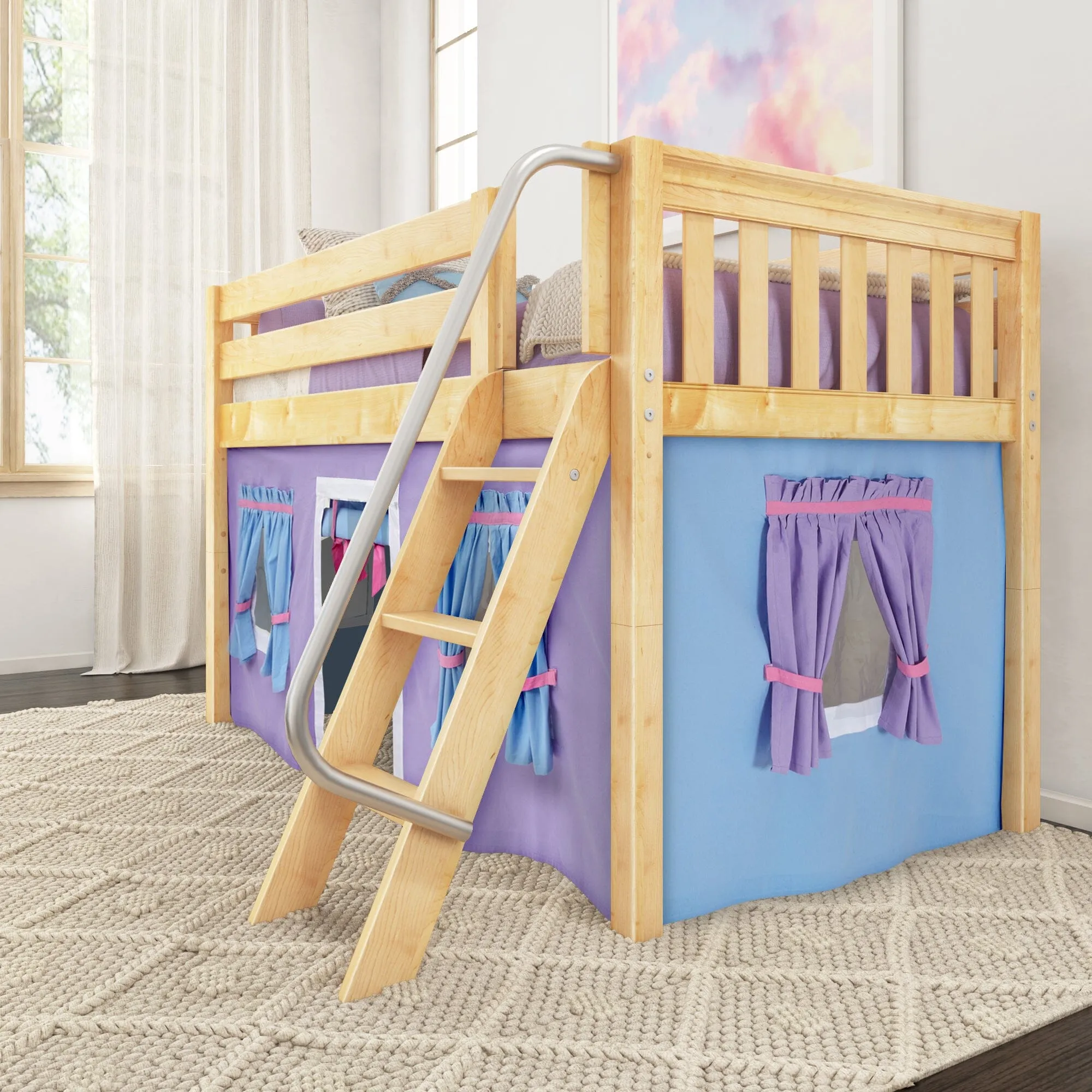 Twin Low Loft Bed with Underbed Curtain and Ladder