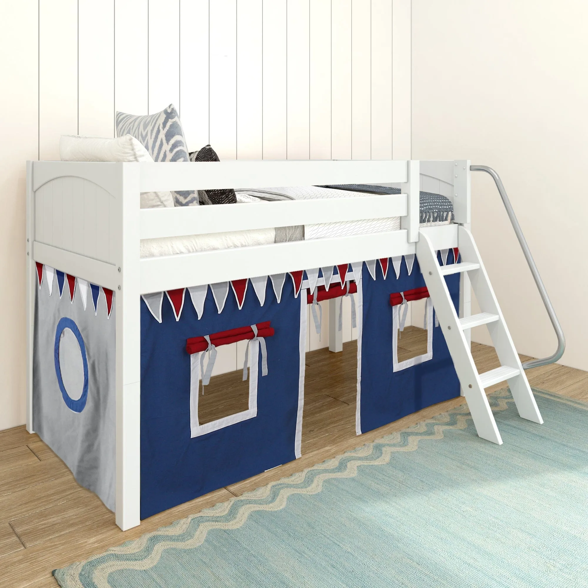 Twin Low Loft Bed with Underbed Curtain and Ladder