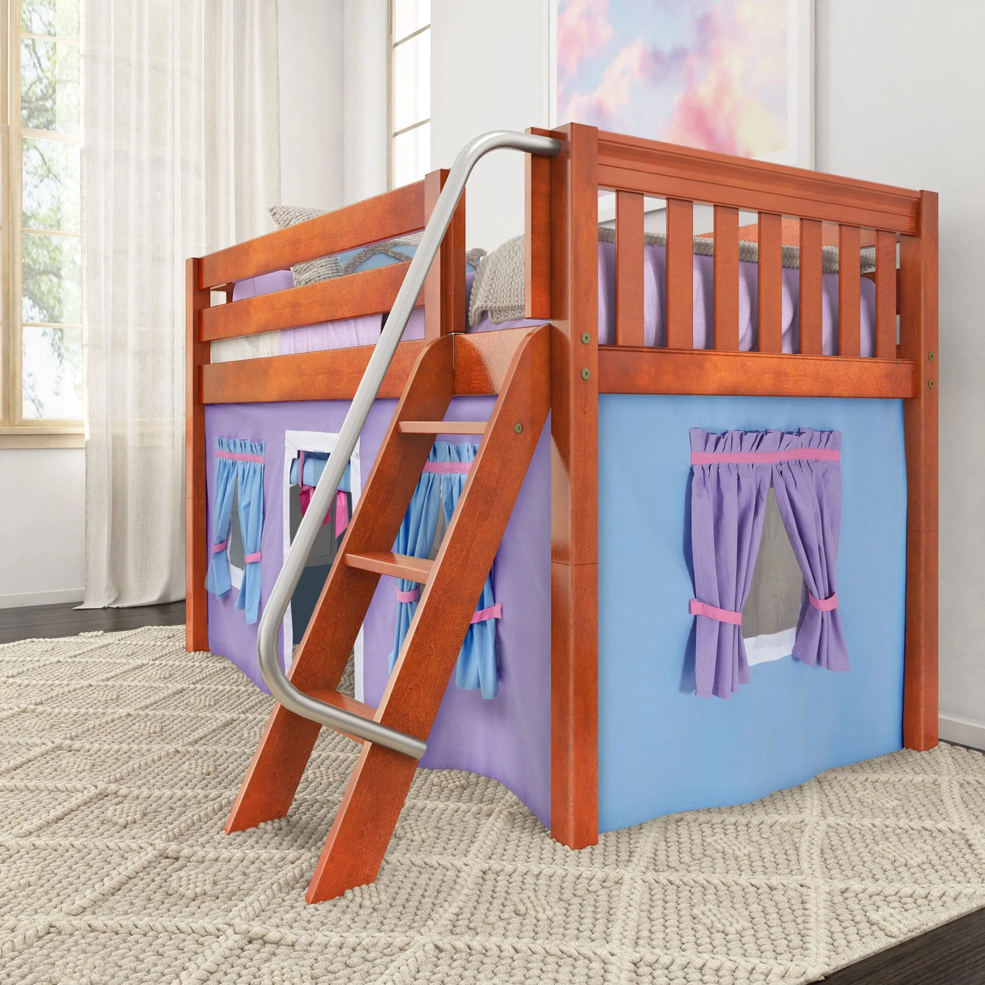 Twin Low Loft Bed with Underbed Curtain and Ladder