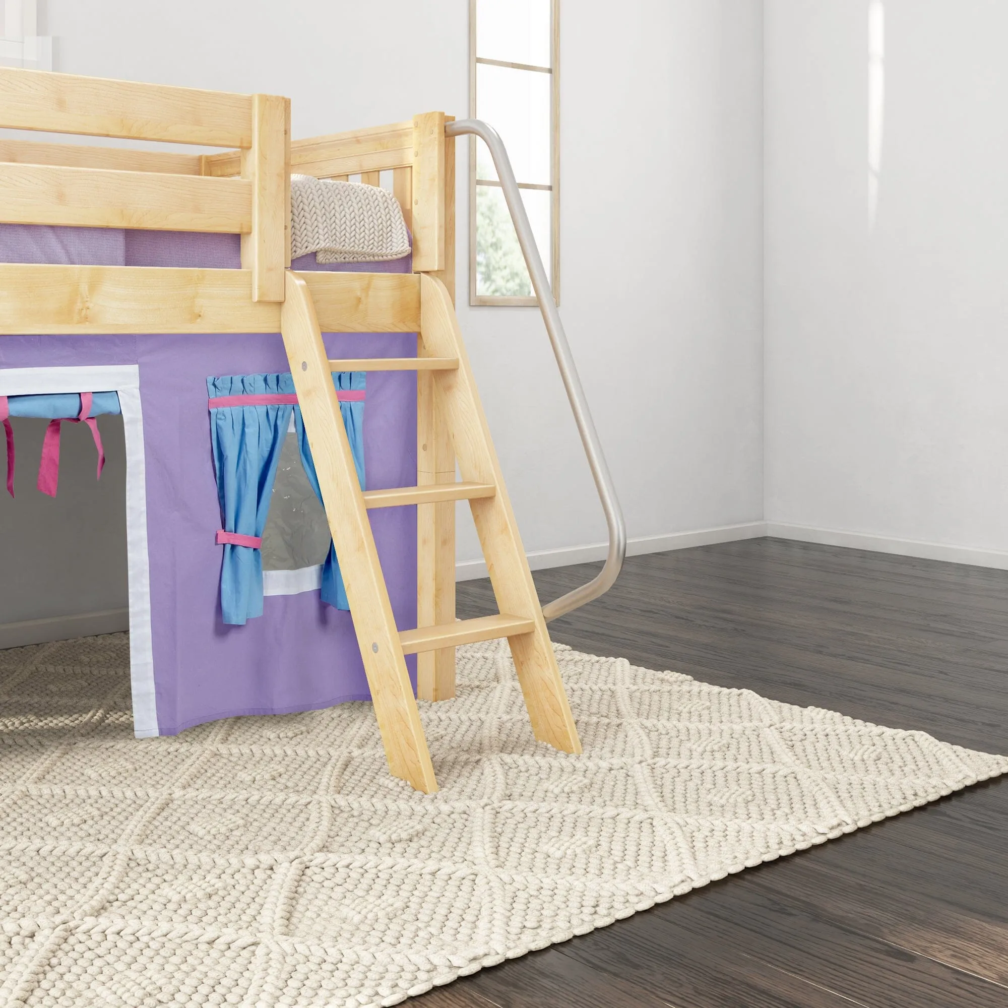 Twin Low Loft Bed with Underbed Curtain and Ladder