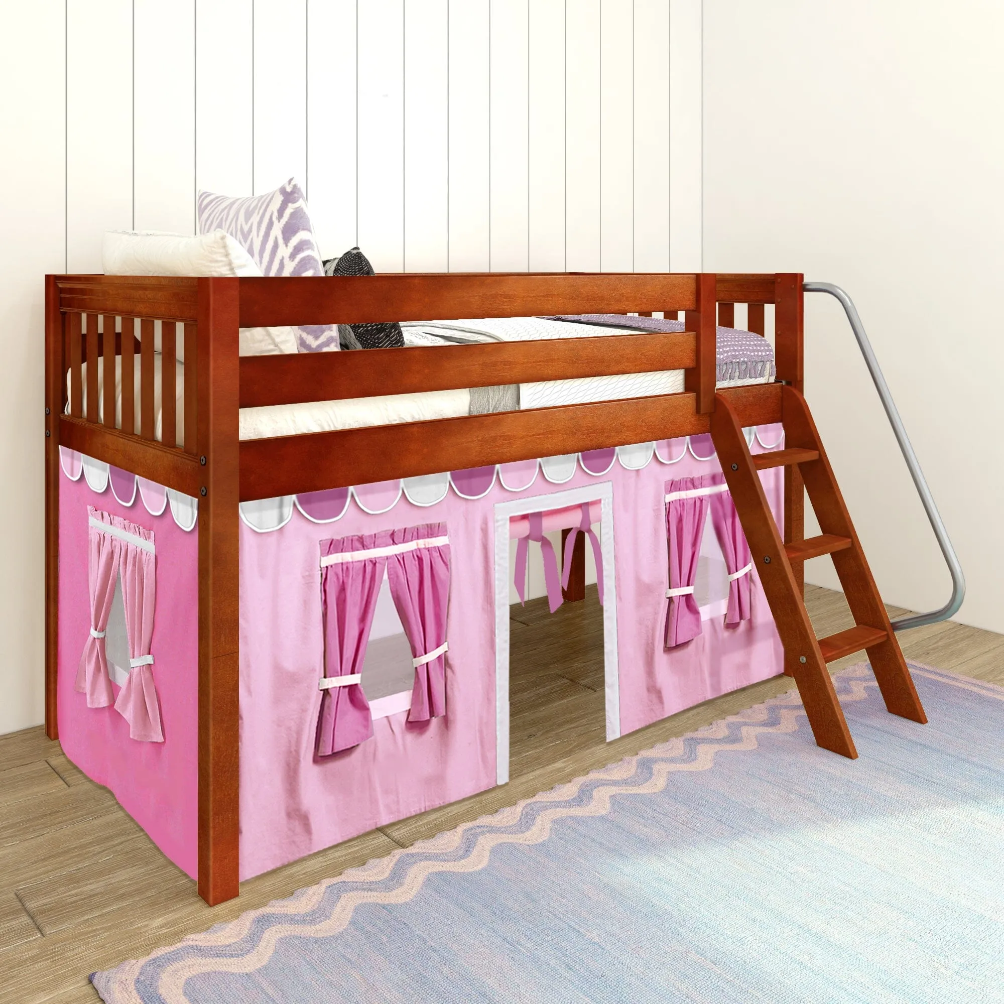 Twin Low Loft Bed with Underbed Curtain and Ladder