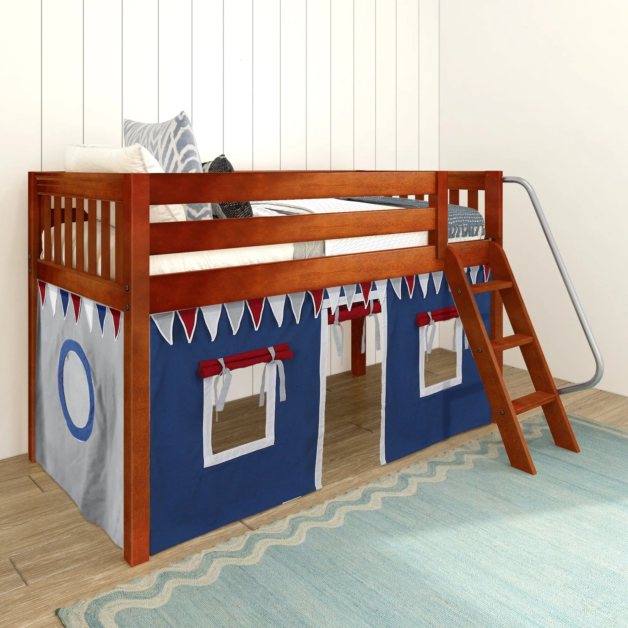 Twin Low Loft Bed with Underbed Curtain and Ladder