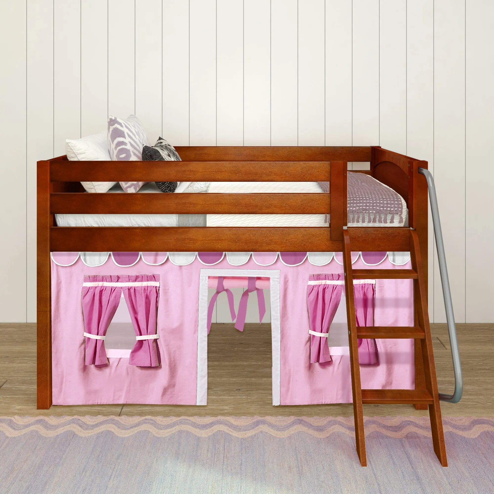 Twin Low Loft Bed with Underbed Curtain and Ladder