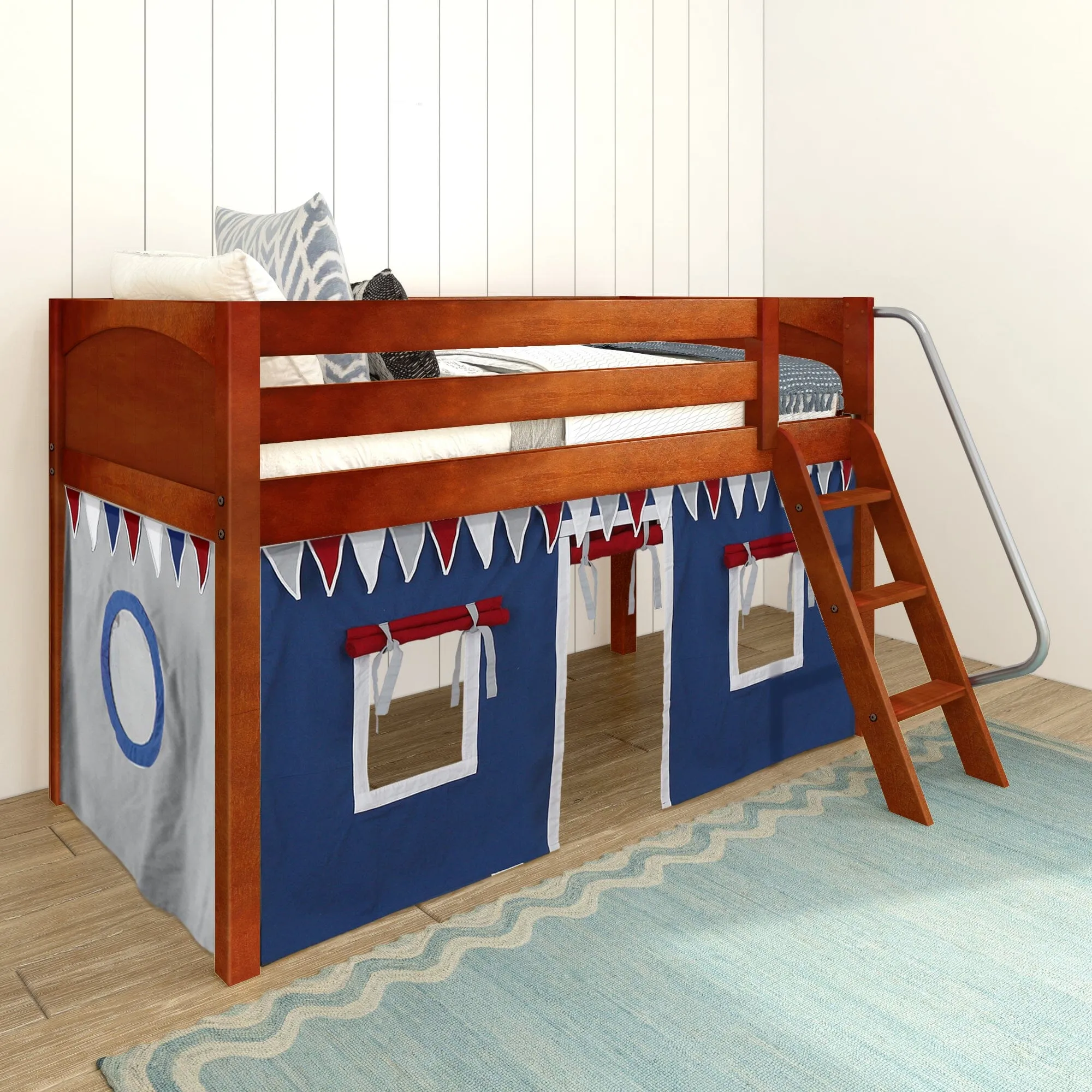 Twin Low Loft Bed with Underbed Curtain and Ladder