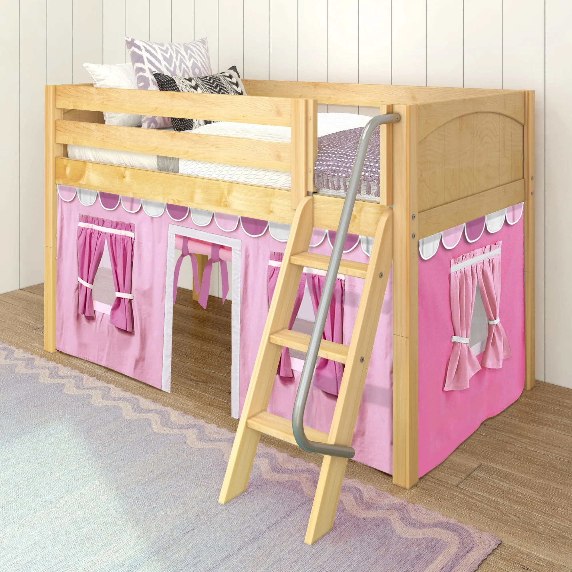 Twin Low Loft Bed with Underbed Curtain and Ladder