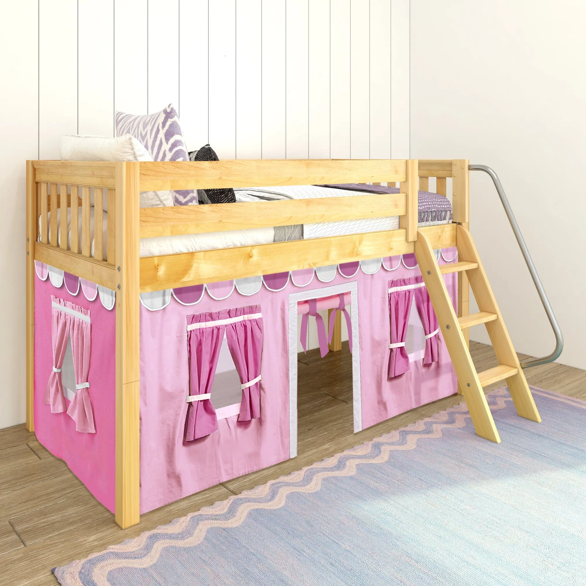 Twin Low Loft Bed with Underbed Curtain and Ladder