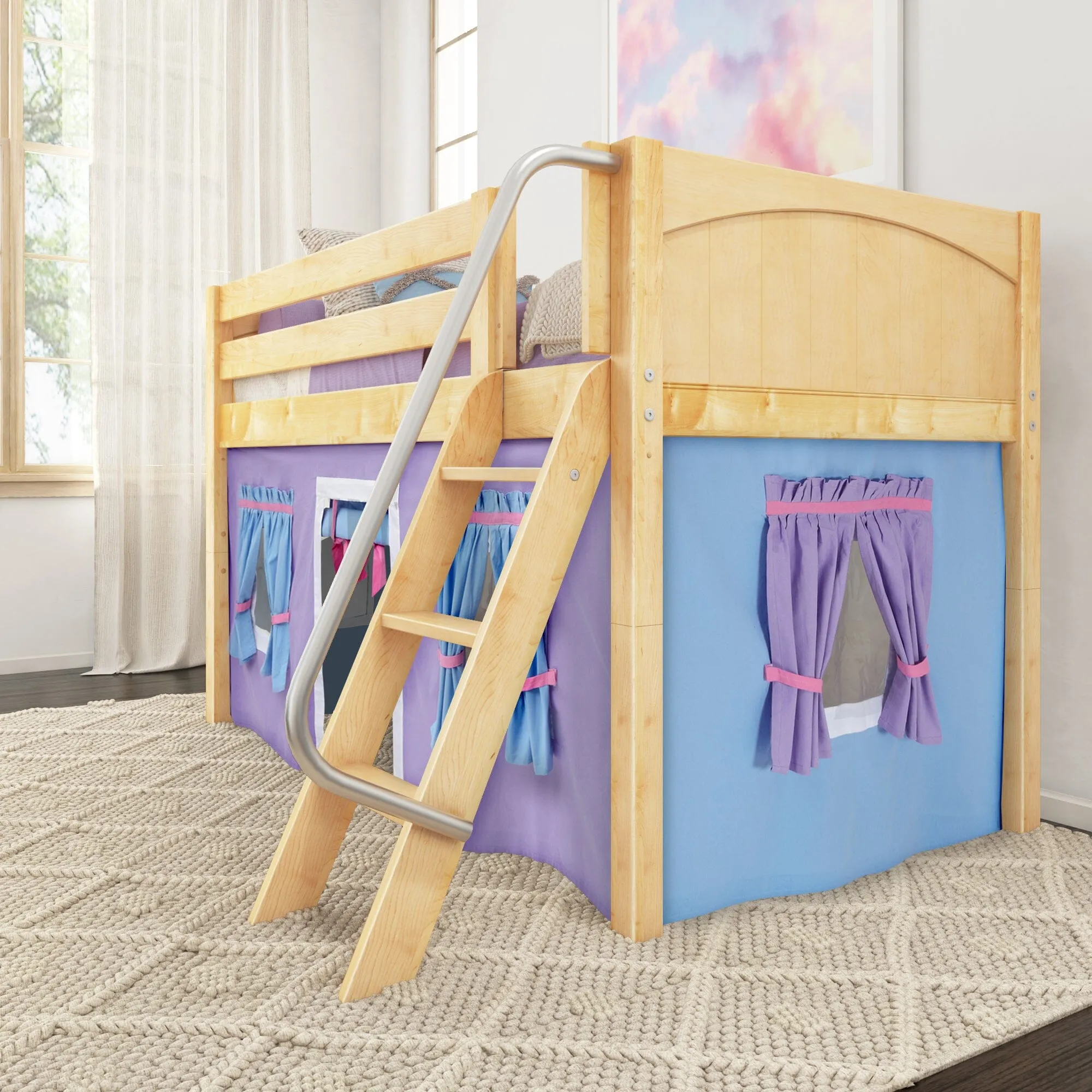 Twin Low Loft Bed with Underbed Curtain and Ladder