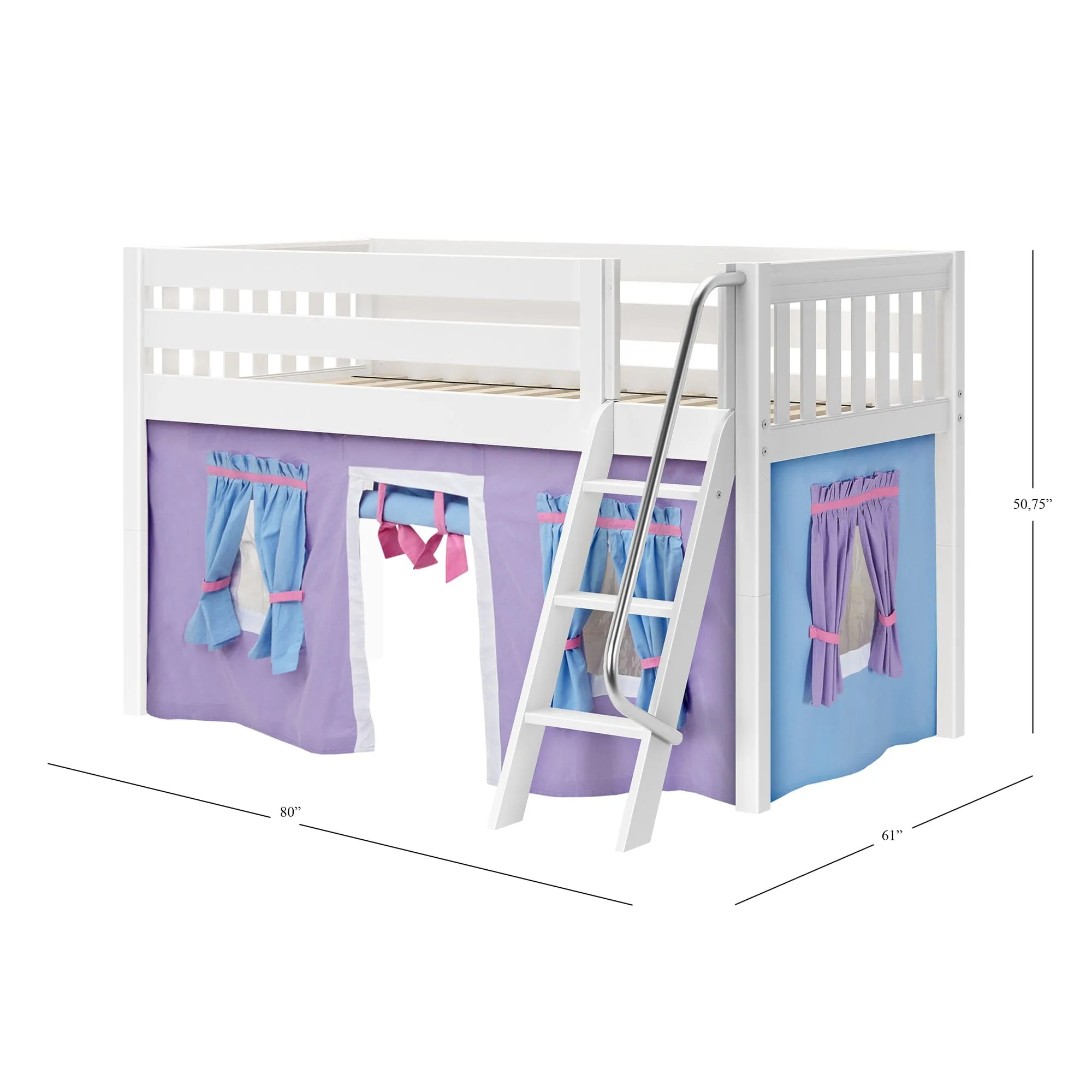 Twin Low Loft Bed with Underbed Curtain and Ladder