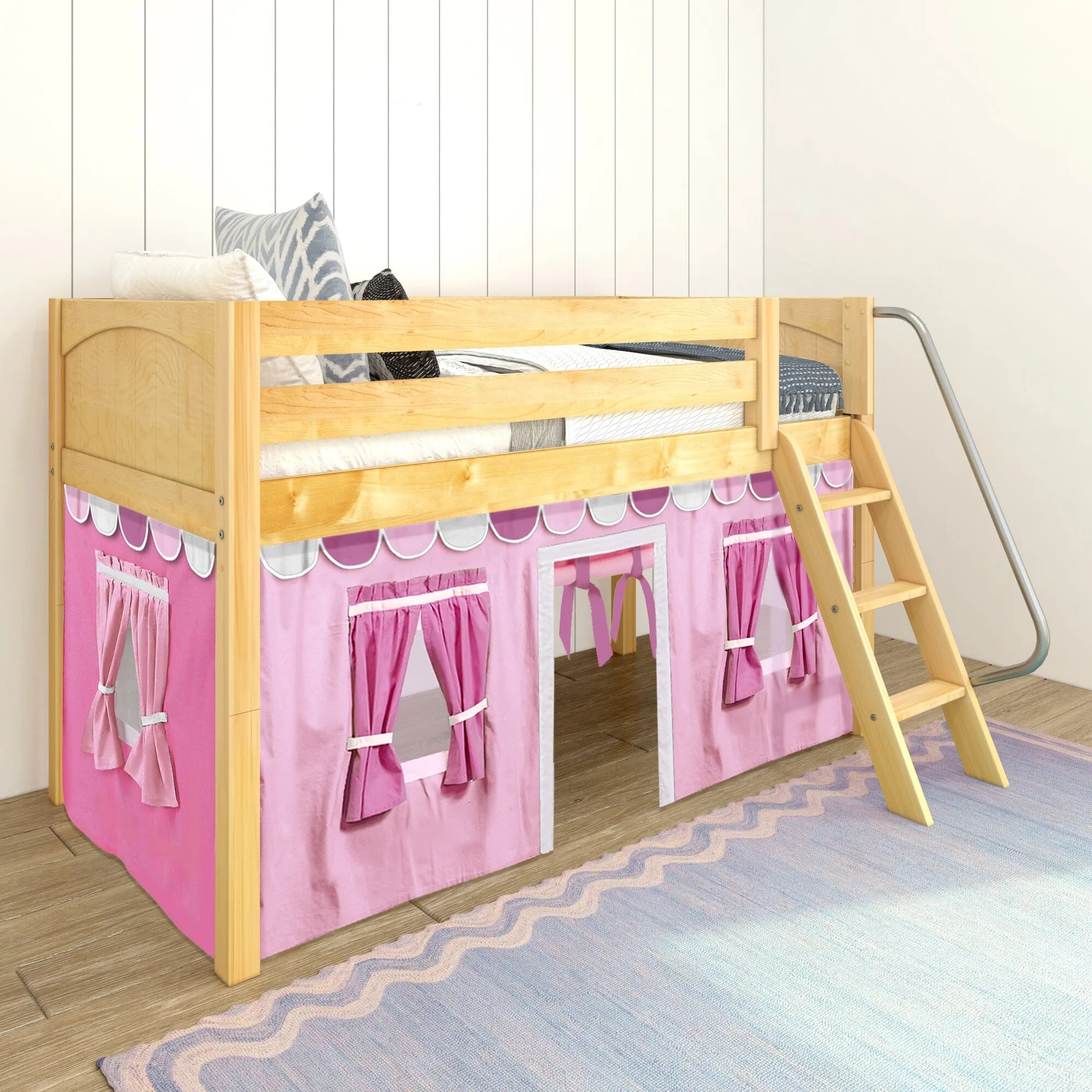 Twin Low Loft Bed with Underbed Curtain and Ladder