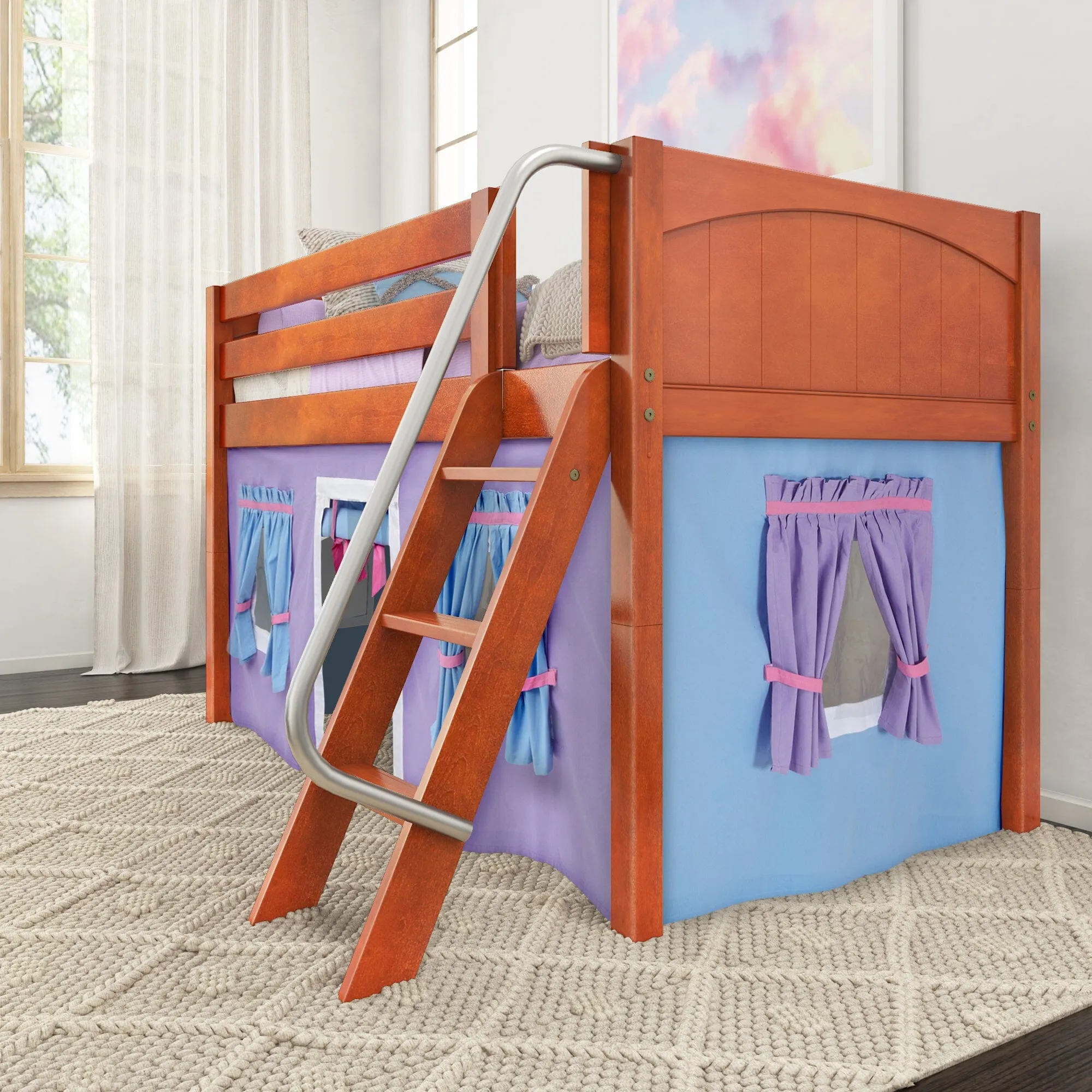 Twin Low Loft Bed with Underbed Curtain and Ladder