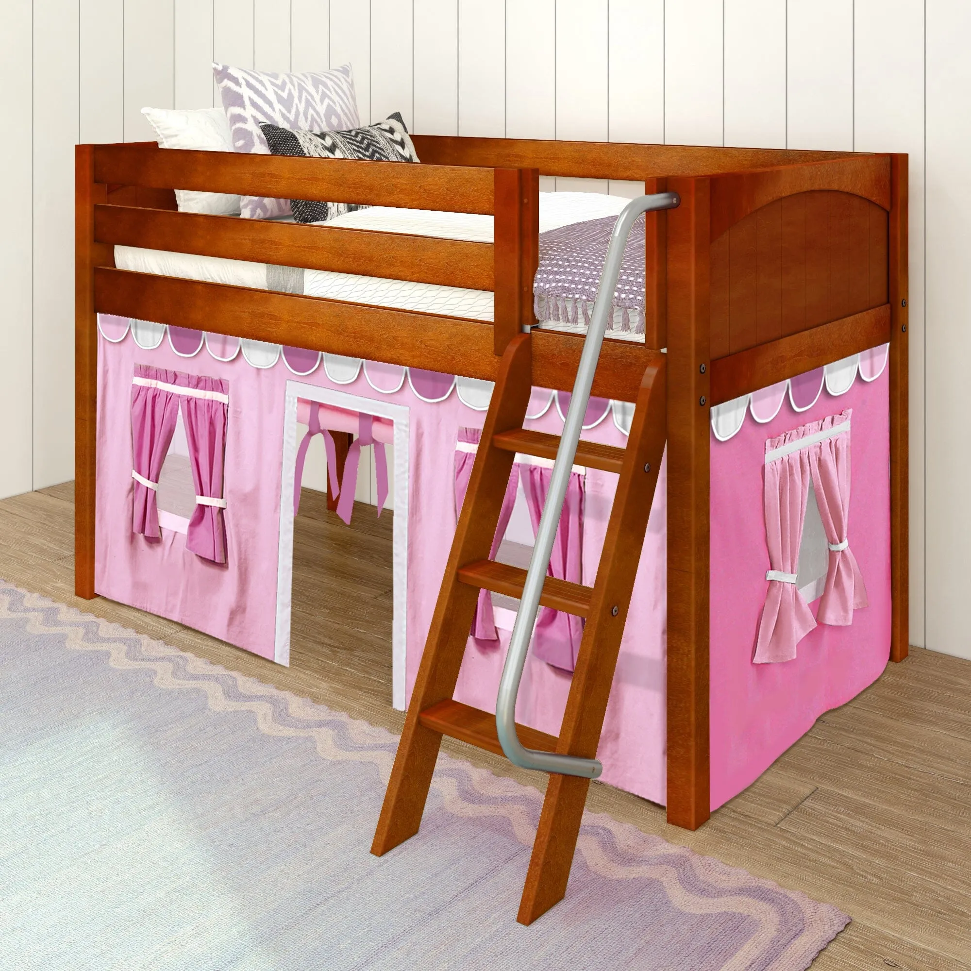 Twin Low Loft Bed with Underbed Curtain and Ladder