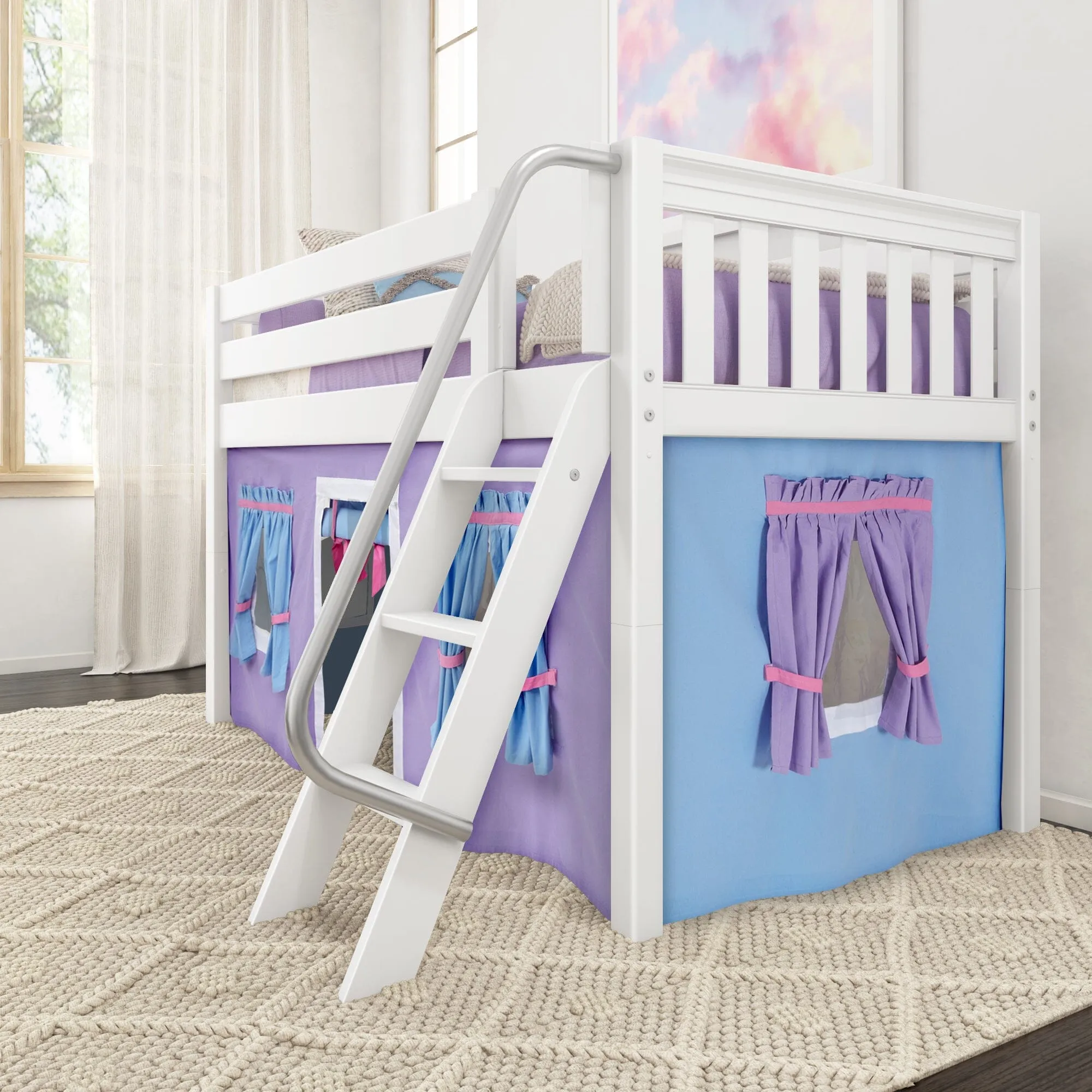 Twin Low Loft Bed with Underbed Curtain and Ladder