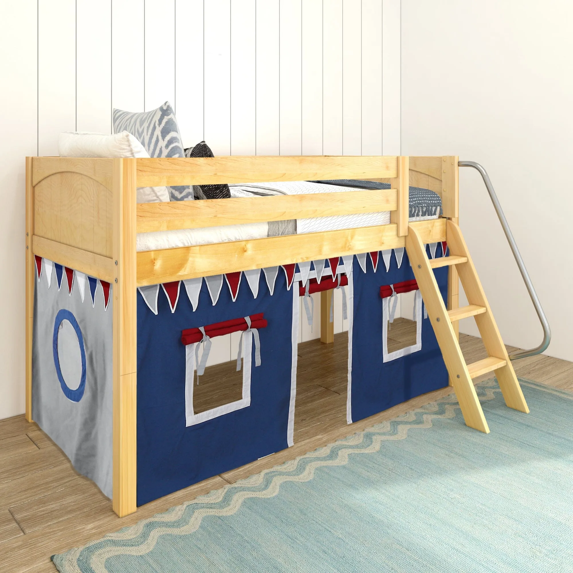 Twin Low Loft Bed with Underbed Curtain and Ladder