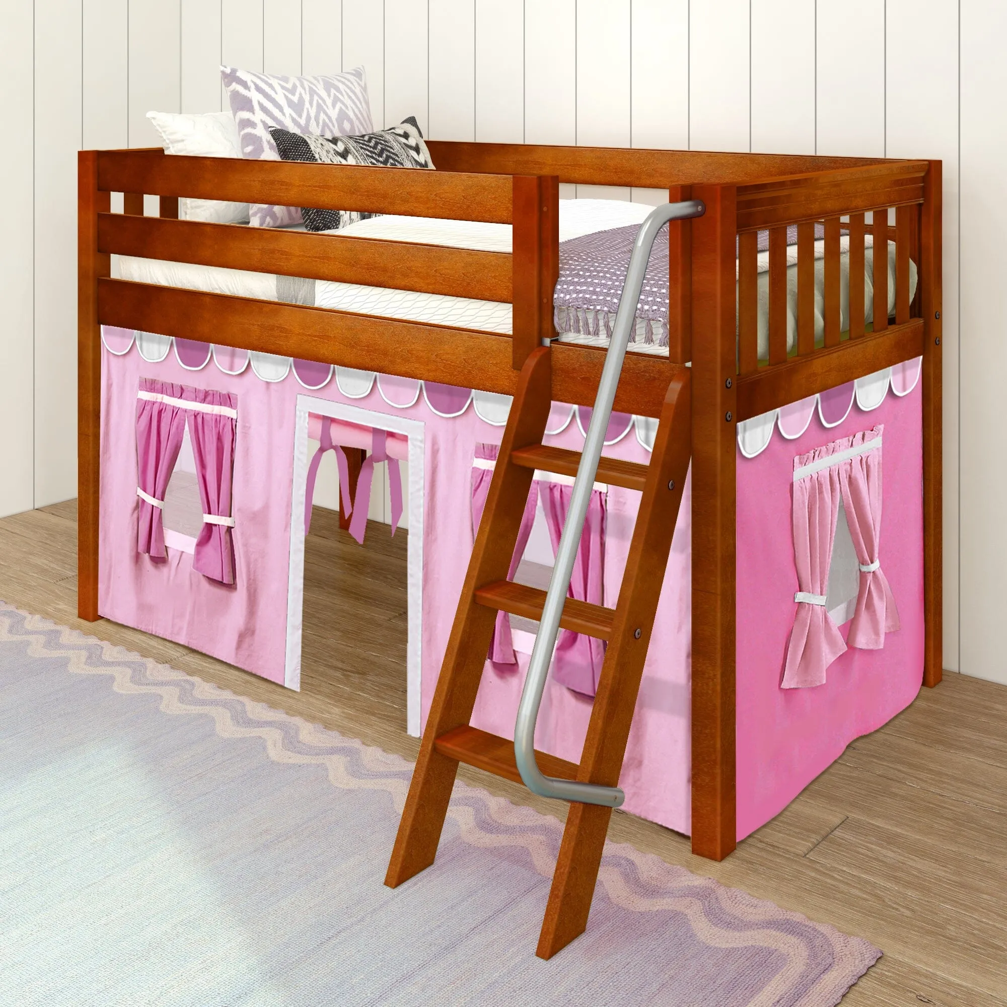 Twin Low Loft Bed with Underbed Curtain and Ladder