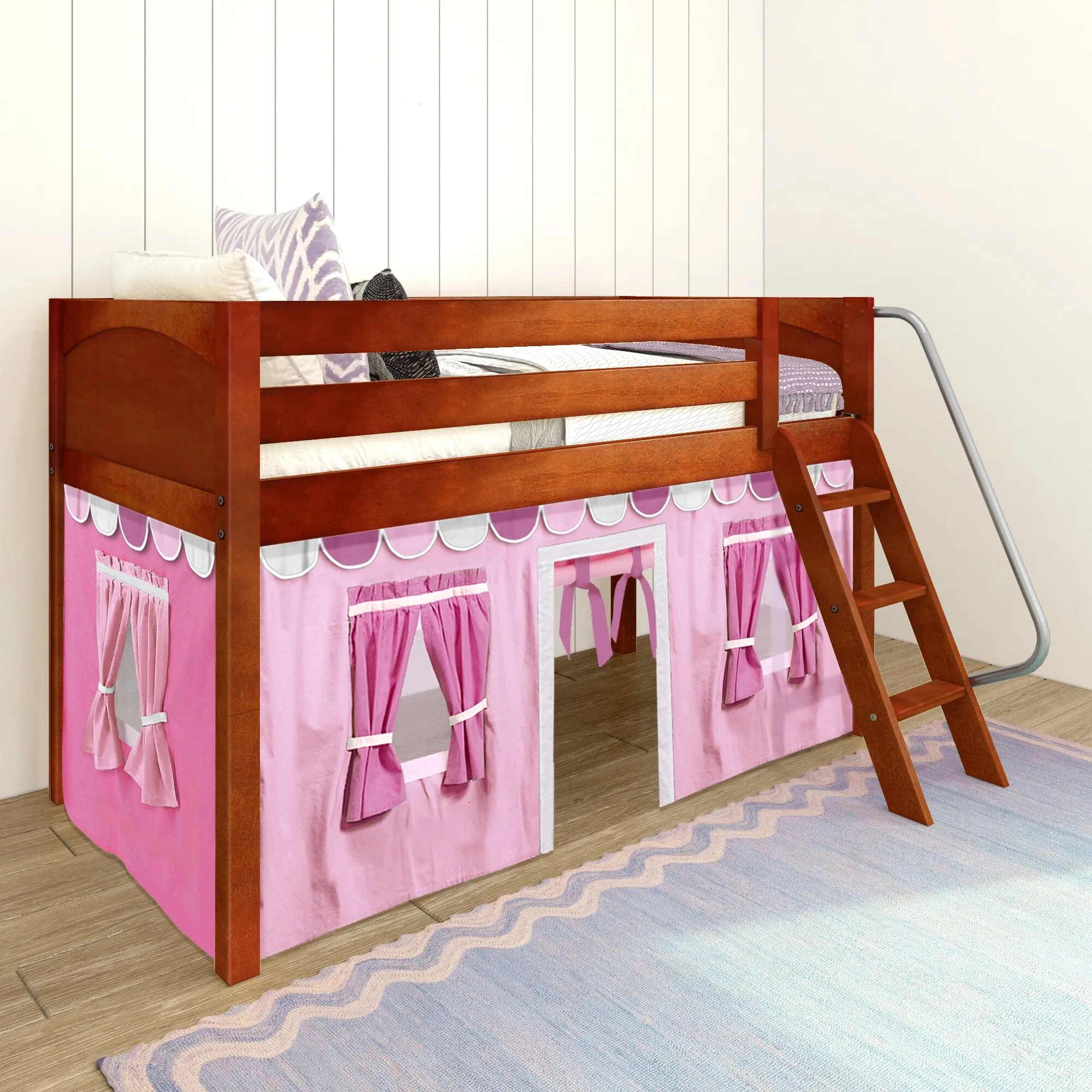 Twin Low Loft Bed with Underbed Curtain and Ladder